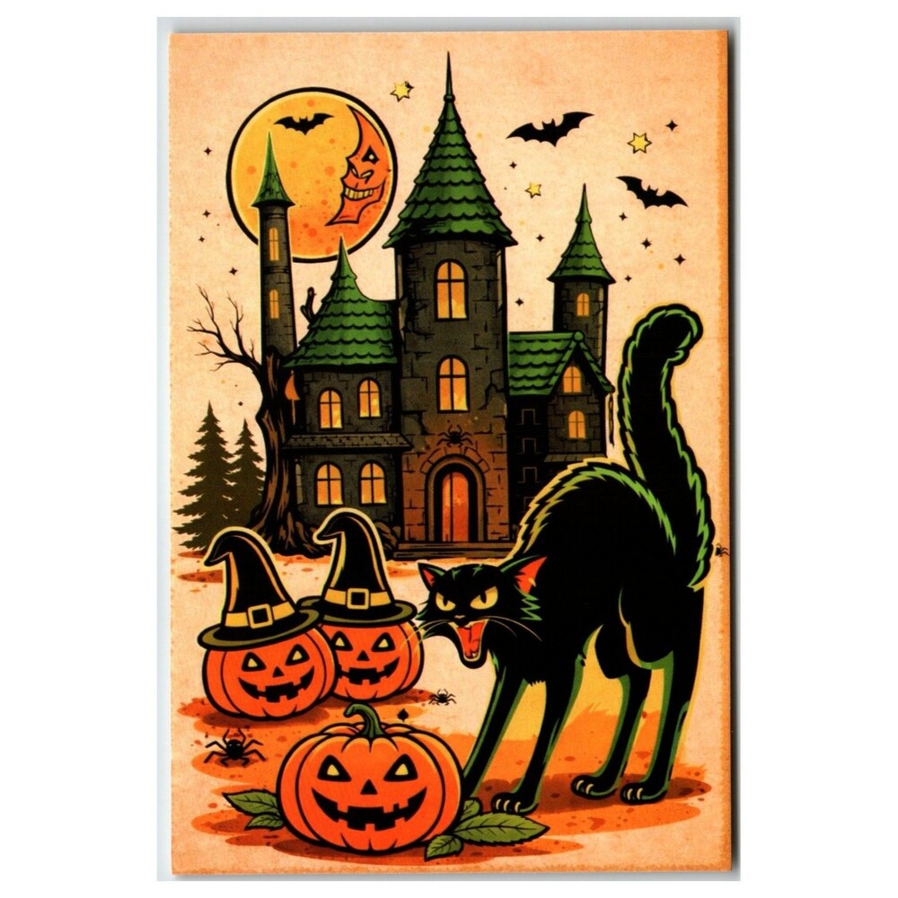 Vintage Style Halloween Postcard Black Cat Haunted House Jack O Lantern Moon